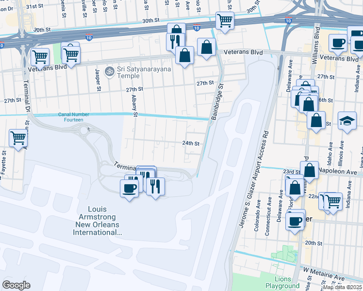 map of restaurants, bars, coffee shops, grocery stores, and more near 1209 24th Street in Kenner