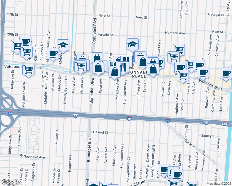 map of restaurants, bars, coffee shops, grocery stores, and more near 706 Phosphor Avenue in Metairie