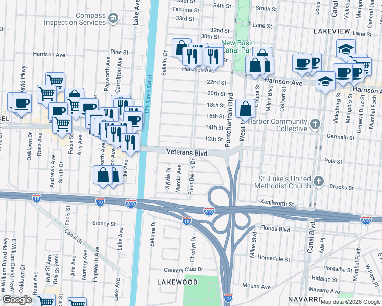 map of restaurants, bars, coffee shops, grocery stores, and more near Veterans Memorial Blvd & Fleur De Lis Dr in New Orleans