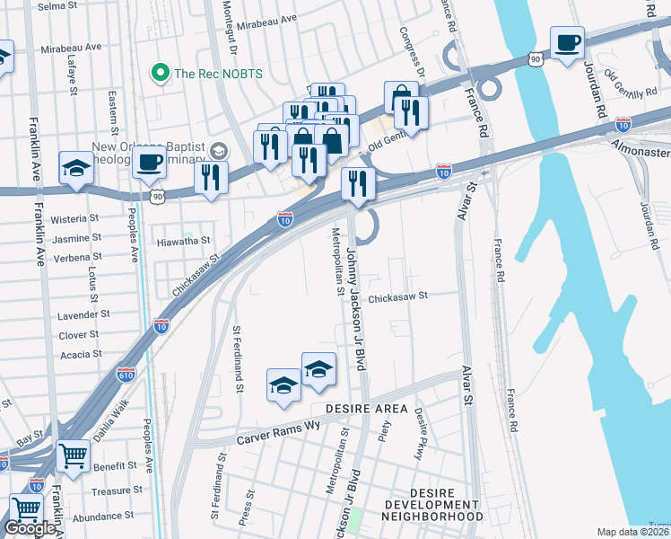 map of restaurants, bars, coffee shops, grocery stores, and more near 3922 Metropolitan Street in New Orleans