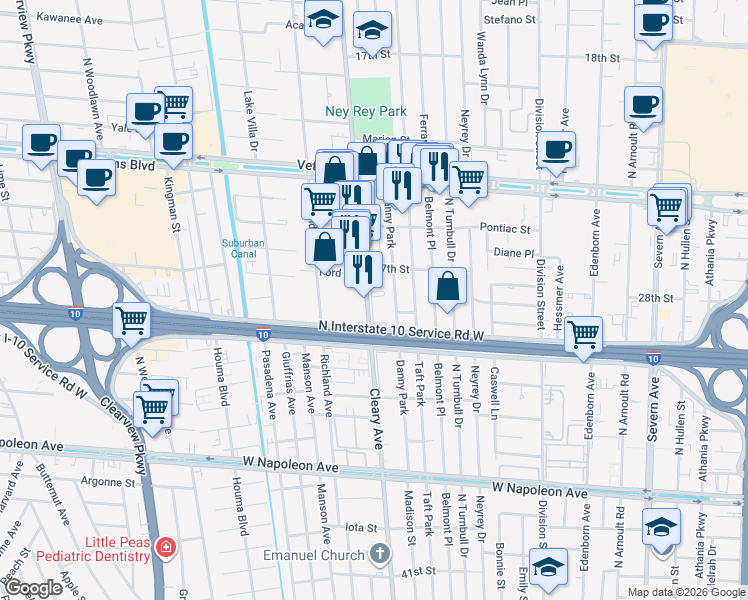 map of restaurants, bars, coffee shops, grocery stores, and more near 2816 Danny Park in Metairie