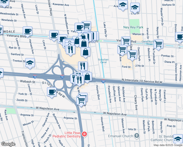map of restaurants, bars, coffee shops, grocery stores, and more near 2800 Kingman Street in Metairie
