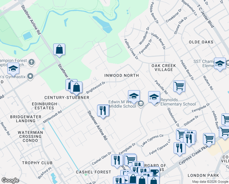 map of restaurants, bars, coffee shops, grocery stores, and more near 15402 Misty Hollow Drive in Houston