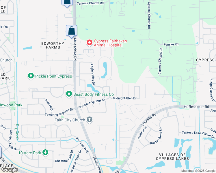 map of restaurants, bars, coffee shops, grocery stores, and more near 19602 Trent Creek Drive in Cypress