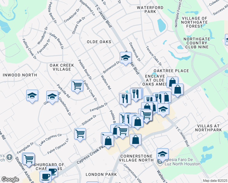 map of restaurants, bars, coffee shops, grocery stores, and more near 14914 Walters Road in Houston