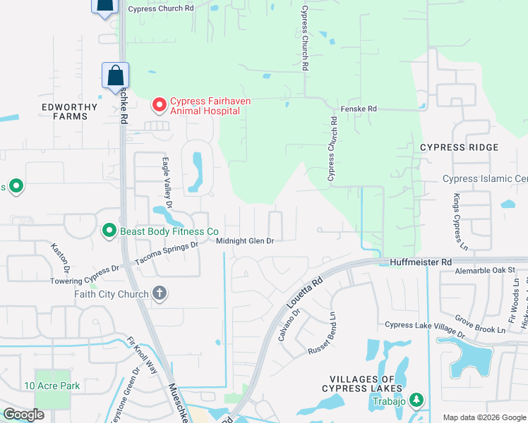 map of restaurants, bars, coffee shops, grocery stores, and more near 15430 Key Crest Lane in Cypress