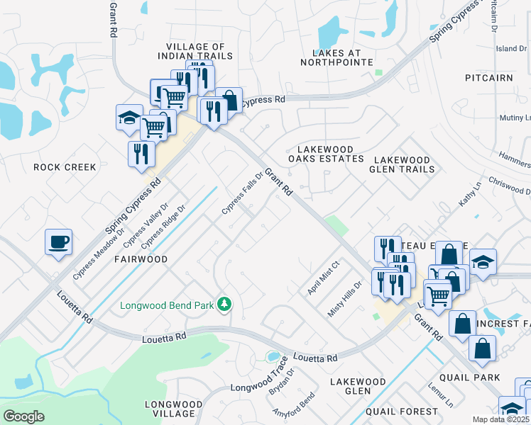 map of restaurants, bars, coffee shops, grocery stores, and more near 13619 Branson Lane in Harris County