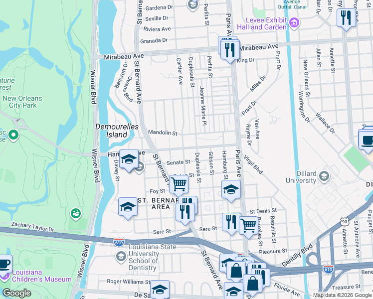 map of restaurants, bars, coffee shops, grocery stores, and more near 1427 Harrison Avenue in New Orleans