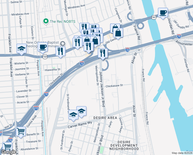 map of restaurants, bars, coffee shops, grocery stores, and more near 3922 Metropolitan Street in New Orleans