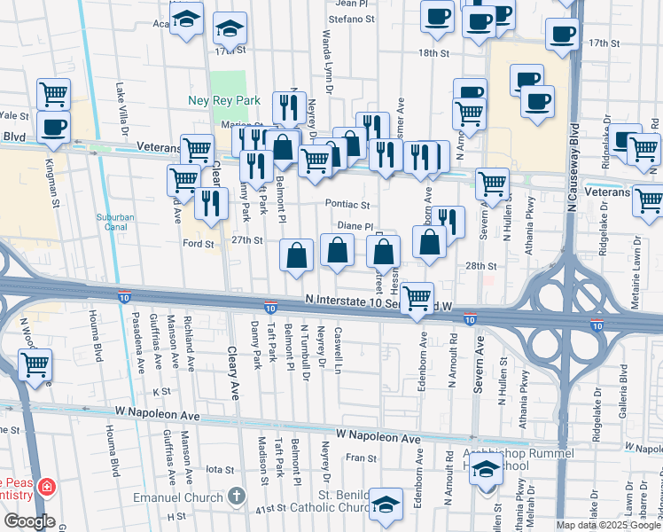 map of restaurants, bars, coffee shops, grocery stores, and more near 2907 Lexington Drive in Metairie
