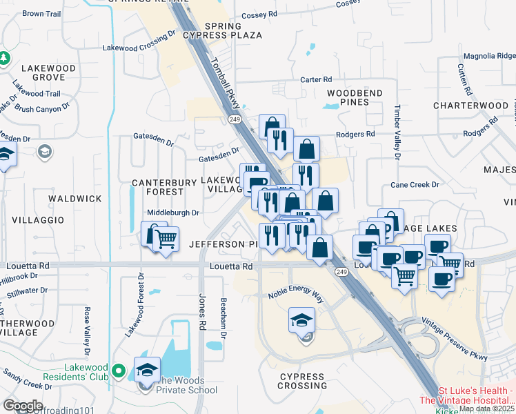 map of restaurants, bars, coffee shops, grocery stores, and more near 21515 Tomball Parkway in Houston