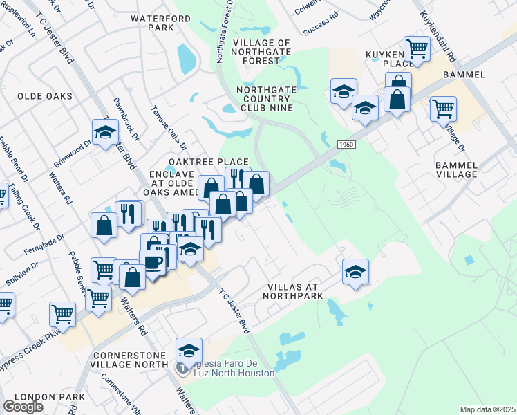map of restaurants, bars, coffee shops, grocery stores, and more near 3105 Cypress Creek Parkway in Houston