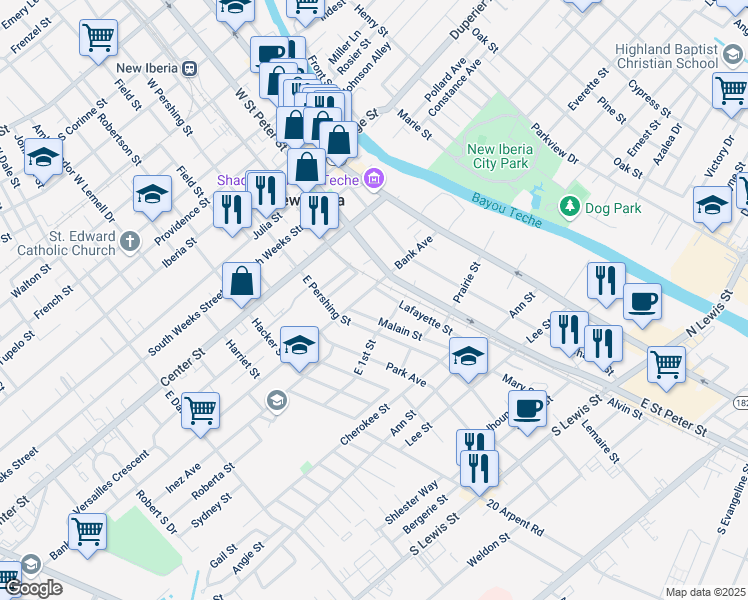 map of restaurants, bars, coffee shops, grocery stores, and more near 412 Bank Avenue in New Iberia