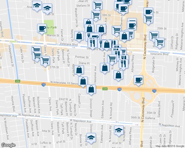 map of restaurants, bars, coffee shops, grocery stores, and more near 2805 Division Street in Metairie