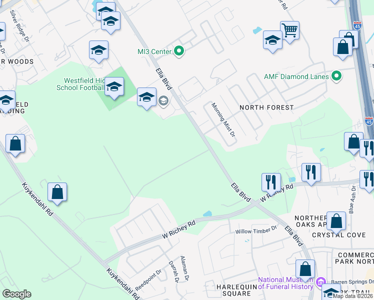 map of restaurants, bars, coffee shops, grocery stores, and more near 2214 Dwyer Road in Houston