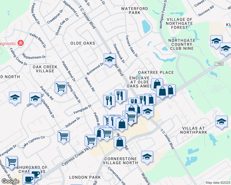 map of restaurants, bars, coffee shops, grocery stores, and more near 14723 T C Jester Boulevard in Houston