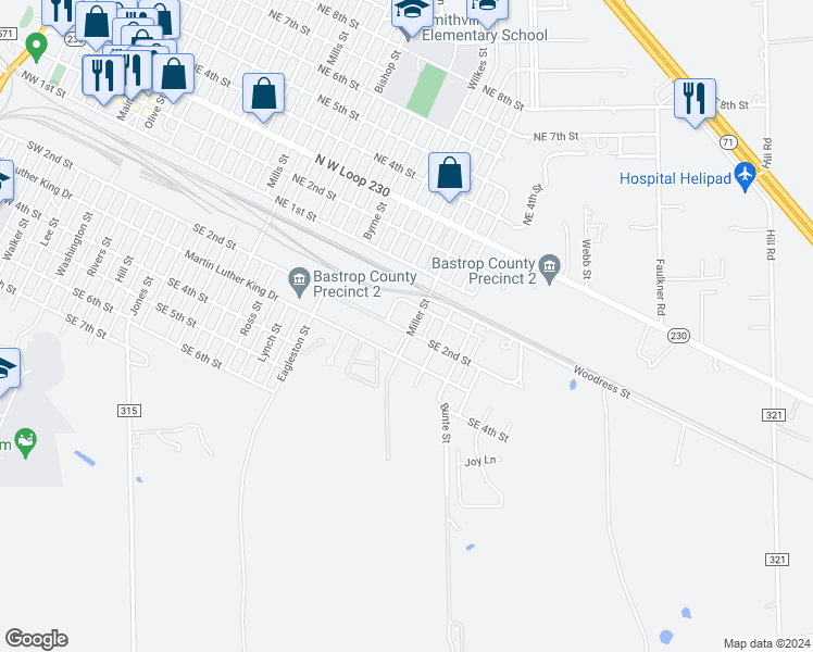 map of restaurants, bars, coffee shops, grocery stores, and more near 106 Miller Street in Smithville