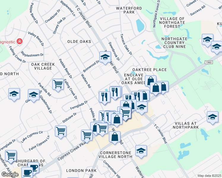 map of restaurants, bars, coffee shops, grocery stores, and more near 14723 T C Jester Boulevard in Houston