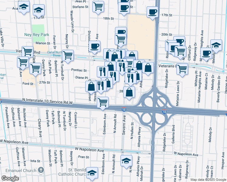 map of restaurants, bars, coffee shops, grocery stores, and more near 735 Veterans Memorial Boulevard in Metairie
