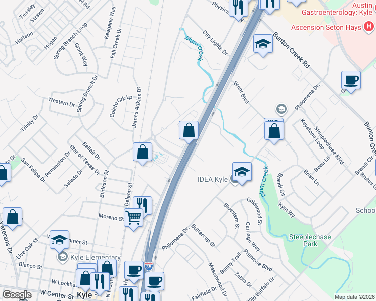 map of restaurants, bars, coffee shops, grocery stores, and more near Interstate 35 in Kyle