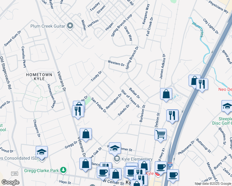 map of restaurants, bars, coffee shops, grocery stores, and more near 116 Rio Grande Drive in Kyle