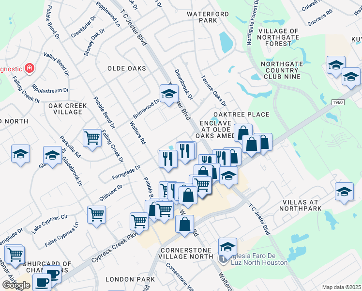 map of restaurants, bars, coffee shops, grocery stores, and more near 14723 T C Jester Boulevard in Houston