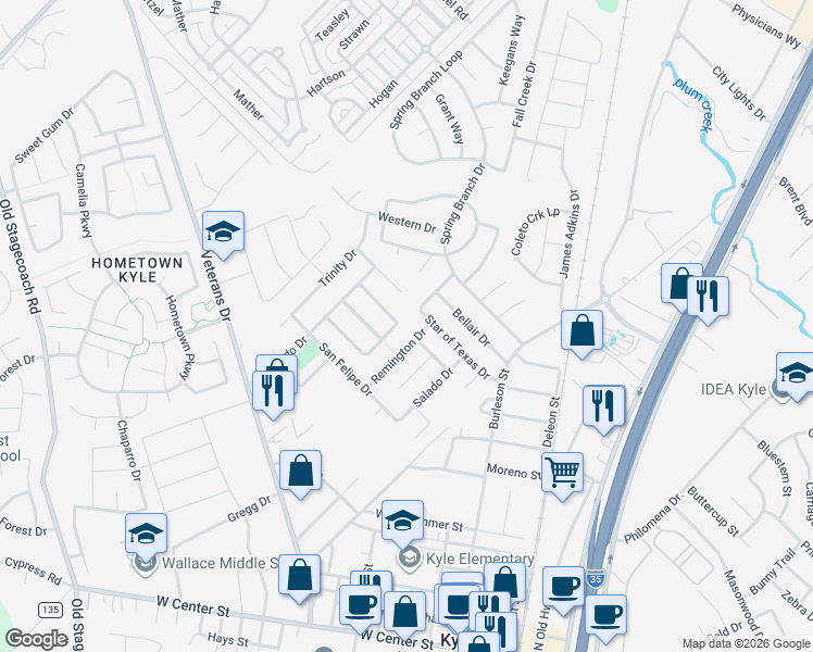 map of restaurants, bars, coffee shops, grocery stores, and more near 100 San Gabriel Drive in Kyle