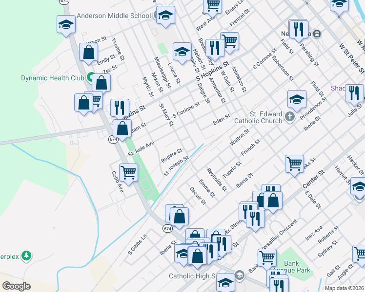 map of restaurants, bars, coffee shops, grocery stores, and more near 311 Saint Mary Street in New Iberia
