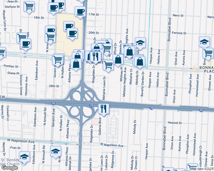 map of restaurants, bars, coffee shops, grocery stores, and more near 2521 Metairie Lawn Drive in Metairie