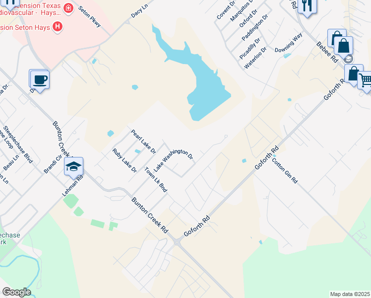 map of restaurants, bars, coffee shops, grocery stores, and more near 337 Lake Washington Drive in Kyle