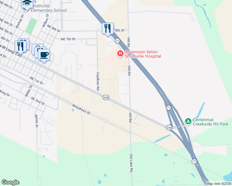 map of restaurants, bars, coffee shops, grocery stores, and more near 321 Quail Run Lane in Smithville