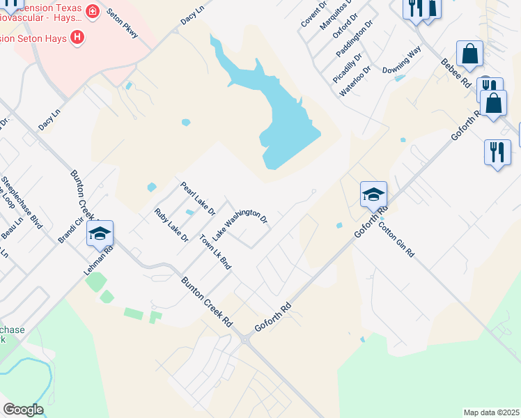 map of restaurants, bars, coffee shops, grocery stores, and more near 337 Lake Washington Drive in Kyle
