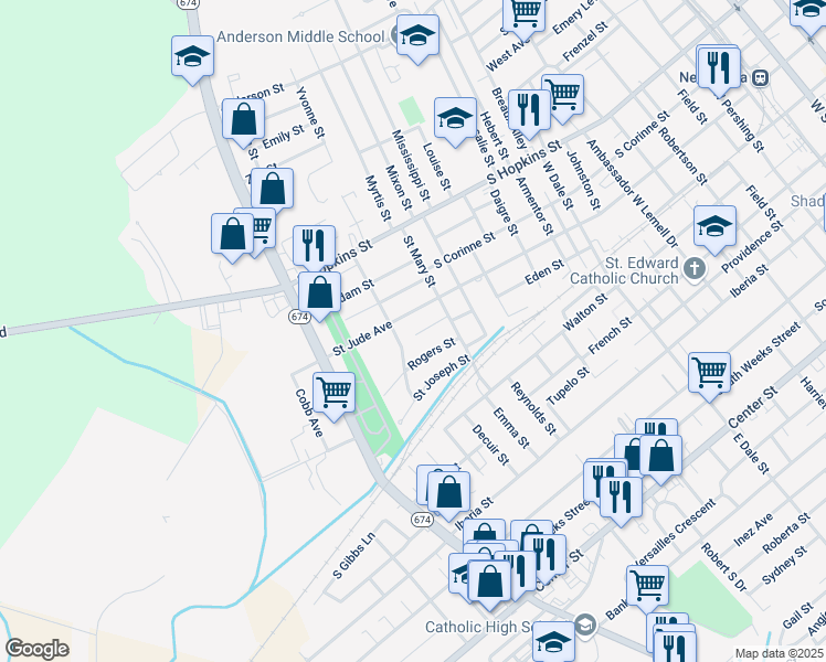 map of restaurants, bars, coffee shops, grocery stores, and more near 1514 Eden Street in New Iberia