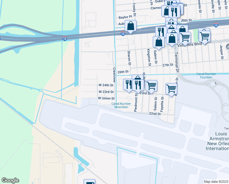 map of restaurants, bars, coffee shops, grocery stores, and more near 4 West 23rd Street in Kenner