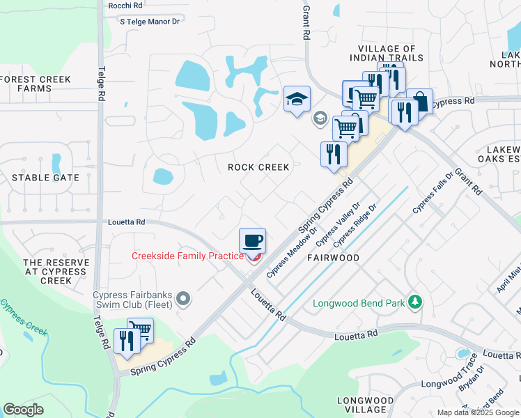 map of restaurants, bars, coffee shops, grocery stores, and more near 13803 Nueces Springs Ln in Cypress