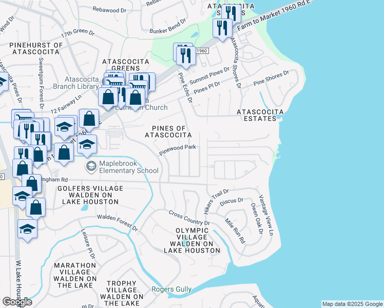 map of restaurants, bars, coffee shops, grocery stores, and more near 19414 Pine Cluster Lane in Humble