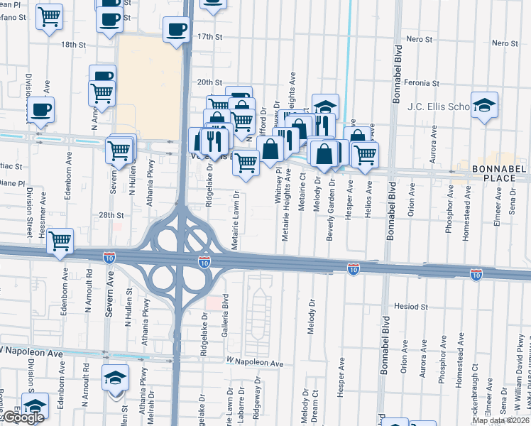 map of restaurants, bars, coffee shops, grocery stores, and more near 2720 Whitney Place in Metairie