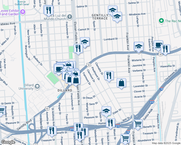 map of restaurants, bars, coffee shops, grocery stores, and more near 4115 Clermont Drive in New Orleans