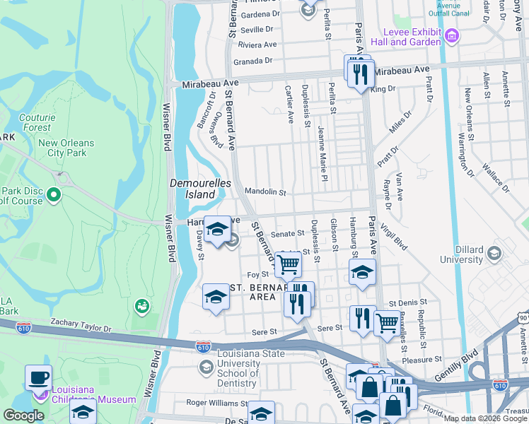 map of restaurants, bars, coffee shops, grocery stores, and more near 4207 Buchanan Street in New Orleans