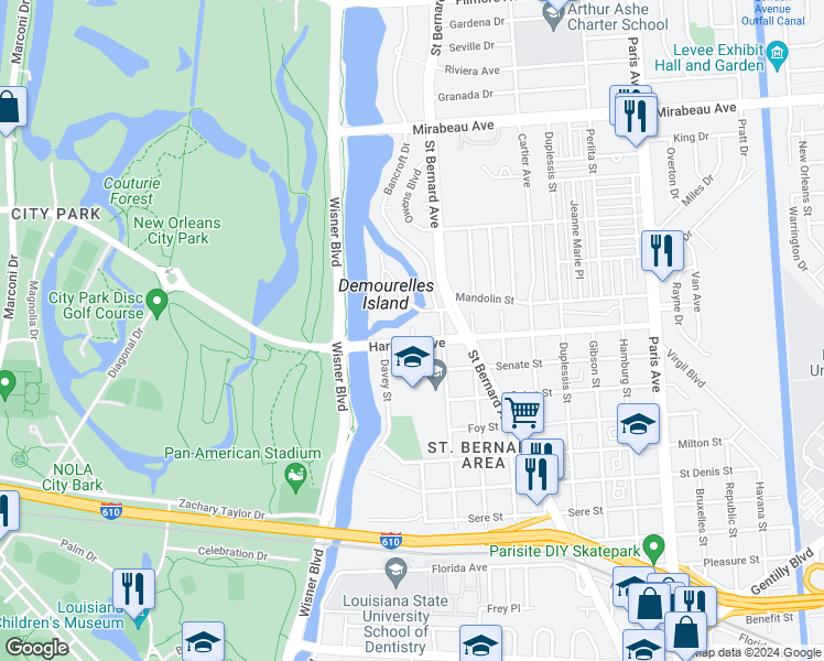 map of restaurants, bars, coffee shops, grocery stores, and more near 1113 Harrison Avenue in New Orleans