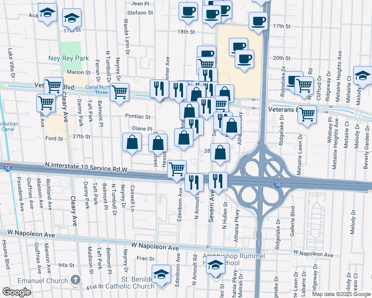 map of restaurants, bars, coffee shops, grocery stores, and more near 2617 Edenborn Avenue in Metairie