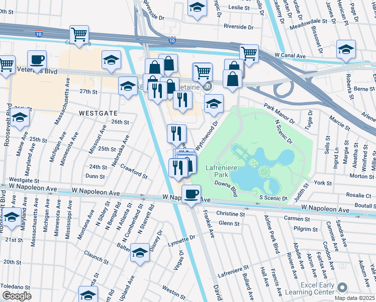 map of restaurants, bars, coffee shops, grocery stores, and more near 2609 Longwood Drive in Metairie