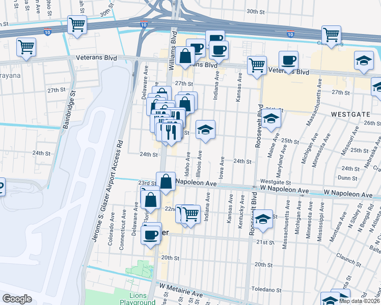 map of restaurants, bars, coffee shops, grocery stores, and more near 2413 Illinois Avenue in Kenner