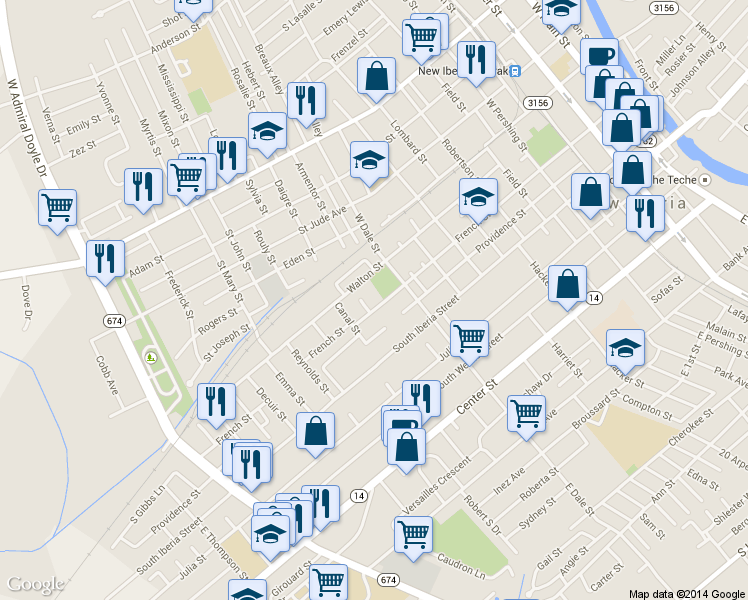 map of restaurants, bars, coffee shops, grocery stores, and more near 1018 French Street in New Iberia