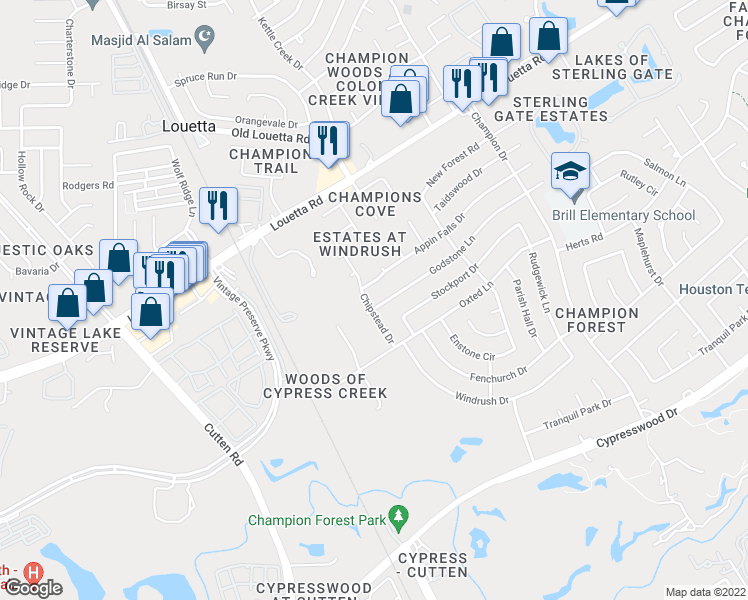 map of restaurants, bars, coffee shops, grocery stores, and more near 9722 Godstone Lane in Spring