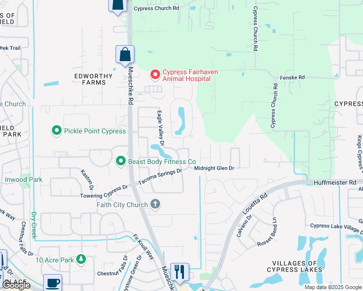 map of restaurants, bars, coffee shops, grocery stores, and more near 19602 Trent Creek Drive in Cypress