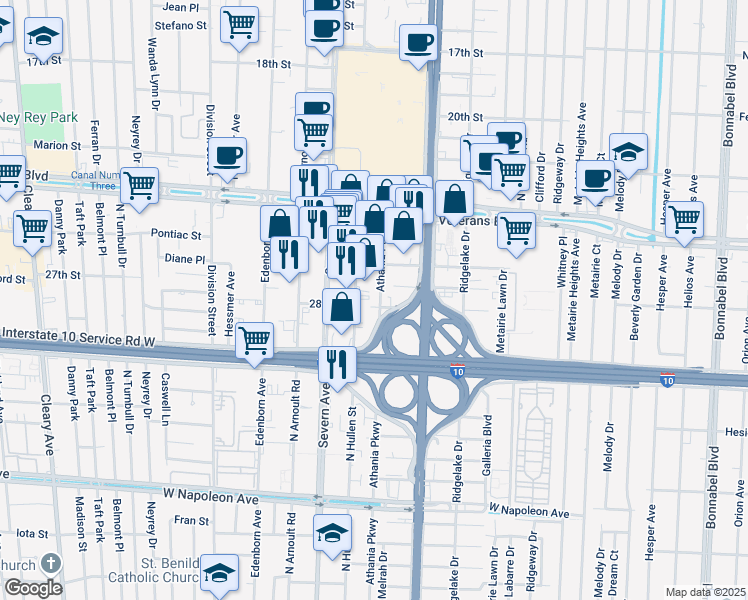 map of restaurants, bars, coffee shops, grocery stores, and more near 2704 Athania Parkway in Metairie