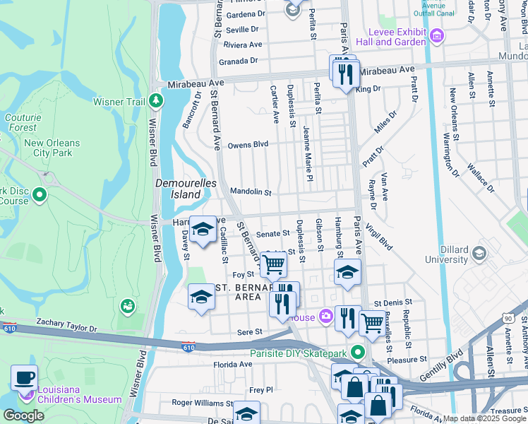 map of restaurants, bars, coffee shops, grocery stores, and more near 1345 Harrison Avenue in New Orleans