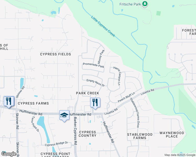 map of restaurants, bars, coffee shops, grocery stores, and more near 16731 Tranquility Park Drive in Cypress