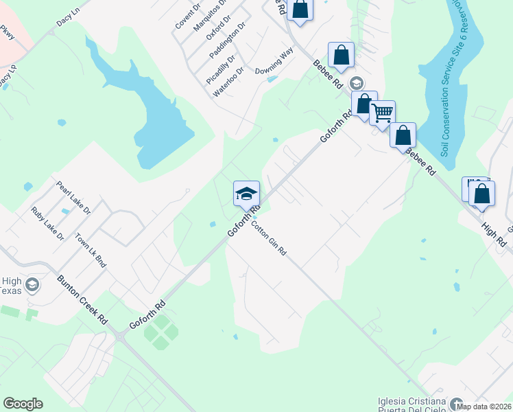 map of restaurants, bars, coffee shops, grocery stores, and more near 1251 Goforth Road in Kyle